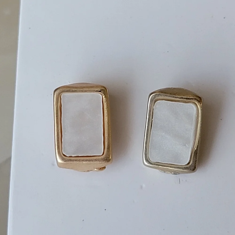 Pearlescent Gold Faux Mother of Pearl Rectangular Stud Earrings